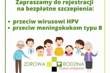 plakat z zielonymi napisami i grafiką na której jest cała rodzina ubrana na kolorowo