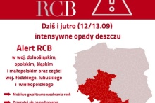 grafika Rządowego Centrum Bezpieczeństwa zawierajaca ostrzeżenie dla poszczególnych województw i mapę Polski z zaznaczonymi na czerwono zagrożonymi województwami