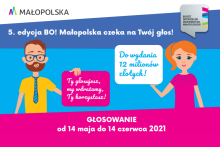 plakat dwoje ryunkowych ludzików info o głosowaniu 5. BO Małopolski