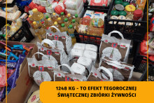 w prawym dolnym rogu napis 1248 kg żywności - to efekt tegorocznej Świątecznej Zbiórki Żywności w tle zebrane prodykty spożywcze podczas zbiórki żywności