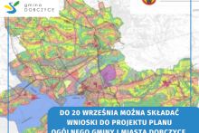 mapa z informacją o Przypominamy! 20 września 2024 r. mija termin składaniu wniosków do projektu Planu ogólnego gminy i miasta Dobczyce, w lewym górnym rogu logotyp gminy Dobczyce