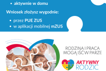 Aktywny rodzic biało niebieski plakat z informacjami dotyczącymi świadczenia