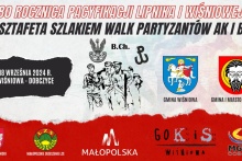 Plakat dotyczący 41. Sztafety Szlakiem Walk partyzantów AK i BCh wkolorze czerwpno biało czarnym 