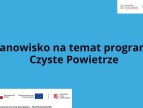 na niebieskim tle napis Stanowisko na temat programu Czyste Powietrze, na dole grafiki biały pasek z logami