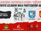 Plakat dotyczący 41. Sztafety Szlakiem Walk partyzantów AK i BCh wkolorze czerwpno biało czarnym 