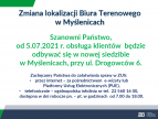 Biuro Terenowe ZUS w Myślenicach informuje, że od 5 lipca obsługa klientów będzie odbywać się w nowej siedzibie przy ul. Drogowców 6 w Myślenicach.