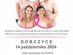 Plakat informujący o bezpłatnym badaniu mammograficznym w Dobczycach, w kolorach biało różowym, w górnej części napis Mammografia, pięć postaci kobiet w różnym wieku 