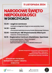 PLAKAT W KOLORACH BIAŁYM I CZERWONYM ZAPRASZAJĄCY NA OBCHODY 11 LISTOPADA DO DOBCZYC