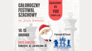 plakat zapraszający na festiwal szachowy 14-15 grudnia w Hotelu Dobczyce. białe tło na nim tekst głowa Mikołaja logotyp organizatora