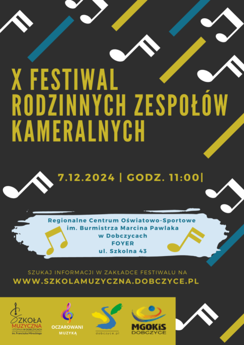 plakat informującyc o festiwalu, czarne tło na nim białe nutki przeplatane kolorowymi kreskami na dole loga w środku grafiki informacje o dacie i miejscu festiwalu   