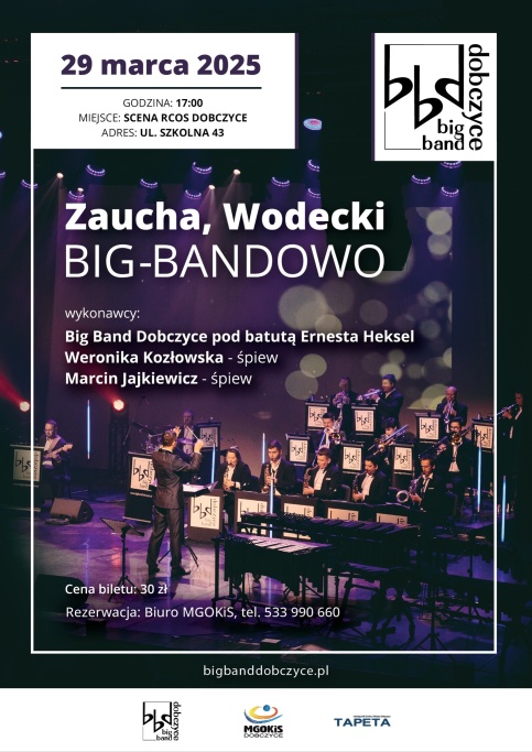 Plakat zawierajacy informacje o miejscu i terminie koncertu BigBand Dobczyce jak w treści informacji, grafika przedstawia grupę BigBand na scenie