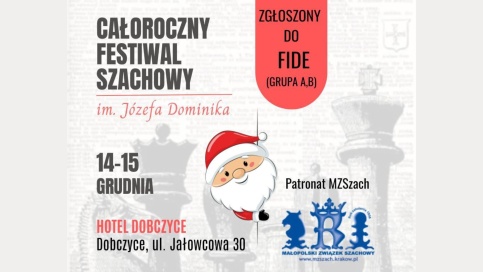 plakat zapraszający na festiwal szachowy 14-15 grudnia w Hotelu Dobczyce. białe tło na nim tekst głowa Mikołaja logotyp organizatora