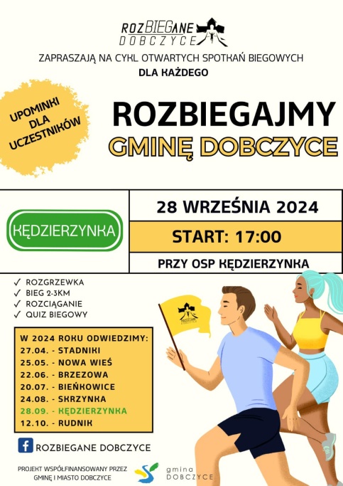 plakat rozbiegane Dobczyce z informacjami, kolor biało-pomarańczowy, w dolnym roku dwie osoby biegnące