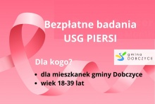 na różowym tle różowa wstążka i biały napis bezpłatne badania USG piersi poniżej tekst informujący dla kogo badania są przeznaczone po prawej stronie na środku logo gminy