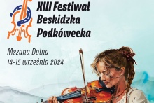 niebieskie tło na nim dziewczyna ze skrzypcami w rękach napis XIII Festiwal Beskidzka Podkoweczka  i Mszna Dolna 14-15 września 2024