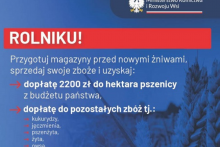 grafika informująca o możliwości otrzymania dopłaty z budżetu państwa do sprzedaży zbóż 