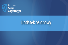 Na niebieskim tle w lewym górnym rogu widnieje napis rządowa tarcza antyinflacyjna a pośrodku jest napis dodatek osłonowy