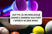 u góry dwa mikrofony na dole piłki do różnych dyscyplin sportowych na środku biały prostokąt a w nim następująca treść 223 tys. zł na realizację zadań z zakresu kultury i sportu w 2025 roku