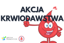  akcja krwiodawstwa, grafika kropelki oraz logo gminy i regionalnego centrum krwiodawstwa