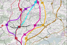 mapa z zaznaczonymi korytarzami od Krakowa do Myślenic