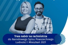 Na obrazku kobieta i mężczyzna oraz napis: nabór na rachmistrza do Narodowego Spisu Powszechnego Ludności i Mieszkań 2021