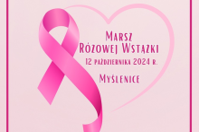 Plakat różowy serce wstążka i napis Marsz Różowej Wstążki 12 października 2024 r. Myślenice