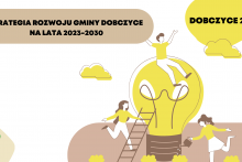 napis Stretegia Rozwoju Gminy Dobczyce 2023 - 2030, ludzie i żarówka