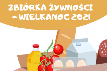 żywność w pudełku: chleb, jajka, olej, pomidory i napis: Zbiórka Żywności - Wielkanoc 2021