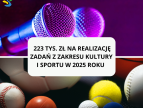 u góry dwa mikrofony na dole piłki do różnych dyscyplin sportowych na środku biały prostokąt a w nim następująca treść 223 tys. zł na realizację zadań z zakresu kultury i sportu w 2025 roku