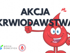 Napis: akcja krwiodawstwa, grafika kropelki oraz logo gminy i regionalnego centrum krwiodawstwa