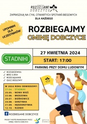 plakat przedstawia biegnącą kobietę i mężczyznę, zwiera informacje o spotkaniach dla chcących pobiegać