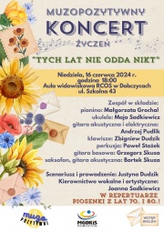 plakat informujący o koncercie z lewej strony widać polne kwiaty piędzy kwiatmi są listy widokówki
