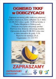 plakat informujący o turnieju piłki siatkowej plażowej oprócz informacji zawiera grafikę przedstawiającą piłkę leżącą na piasku