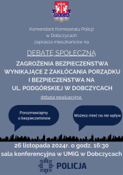 plakat informujący o terminie i miejscu debaty społecznej na temat bezpieczeństwa