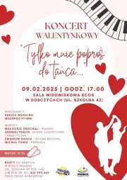 Plakat zawierajacy informacje o programie i miejscu wydarzenia koncert walentynkowy, jak w treści informacji