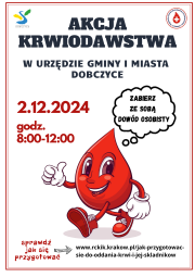 plakat informujący o kacji krwiodawstwa na górze informacje o terminie i miejscu akcji na dole maskotka kropelka krwi nad nią dymek czatu z napisem zanierz ze sobą dowód osobisty