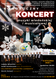 Koncert Noworoczny plakat, śnieżynki, bombki i dwóch artystów mężczyzna  w galowym stroju, kobieta w sukni baqlowej siedzi przy małym stoliku