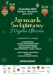 Jarmark świąteczny, wigilia uliczna na zielonym tle bąbki, PLAKAT ze szczegółami wydarzenia