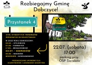 Plakat kolorowy z zielonym znakiem "Pzystanek 4"-na dole plakatu widnieje kwadrat w kolorze czarnym z żółto-białymi napisami . Tuż obok w prawym górnym roku widać drzewa z zielonymi liściami 