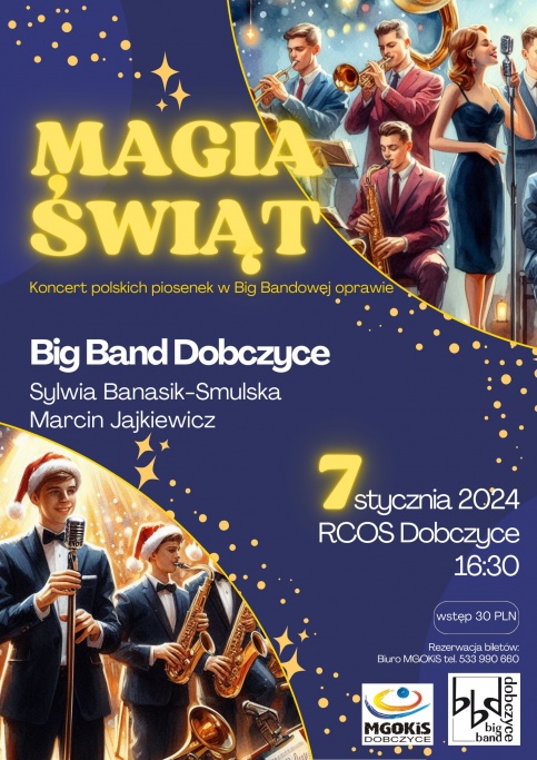 plakat informujący o koncercie magia świąt, na fioletowym w lewym dolnym rogu widać muzyków w mikołajkowych czapkach a w prawym górnym roku muzyków wraz z wokalistką. Pozostałe miejsca wypełnijaą informacje o koncercie.