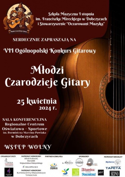 plakat informujący o konkursie gitarowym na ciemnobordowym tle po prawej części plakatu widać gitarę, po lewej informacje o terminie i miejscu konkursu