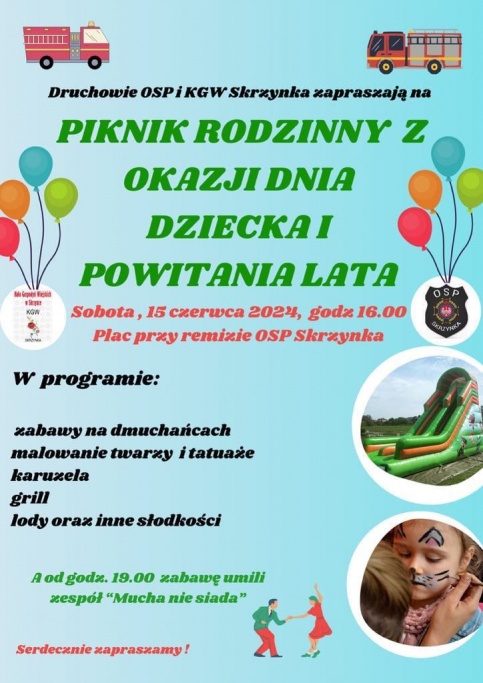 plakat w błękitnym kolorze przedstawia zdjęcia dmuchańców, dzieci z pomalowaną twarzą, balonów i informacje o wydarzeniu