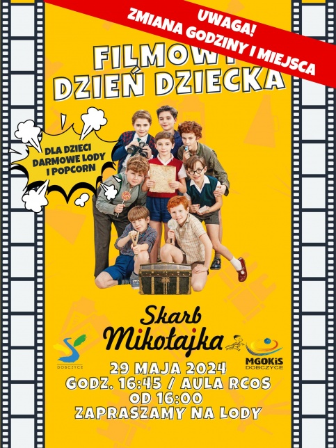 grafika przpomina taśmę filmową na środku zdjecie z filmu Skarb Mikołajka z filmu 