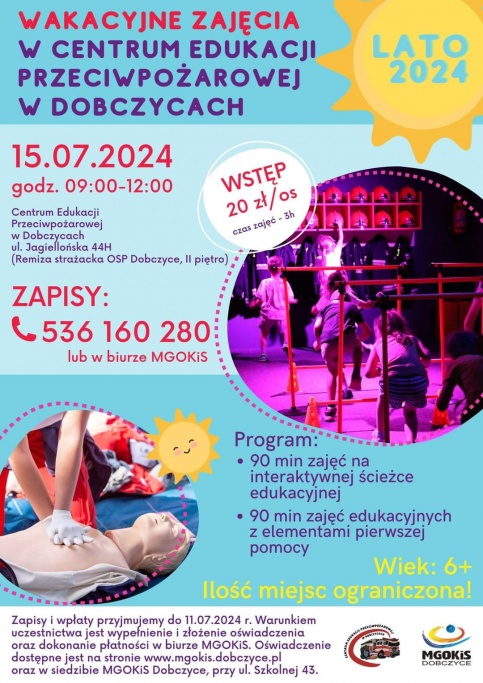 plakat informujący o zajęciach wakacyjnych w Centrum Edukacji Przeciwpożarowej w Dobczycach