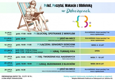 plakat przedstawiający harmonogram wakacyjnych zajęć i aktywności w bibliotece