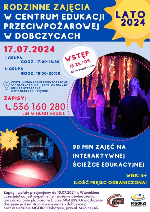 plakat informujący o rodzinnych zajęciach w Centrum Edukacji Przeciwpożarowej w Dobczycach