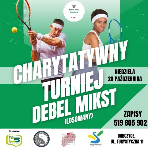 plakat Charytatywny Turniej Debel Mikst w Dobczycach, zielone tło i dwóch tenisistów z rakietami