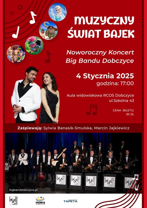 plakat informujący o terminie i miejscu Noworocznego Koncertu Big Bandu Dobczyce pod tytułem Muzyczny Świat Bajek