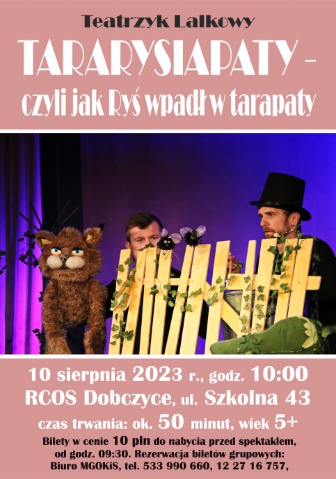 różowy plakat z animacją postaciami z teatru 