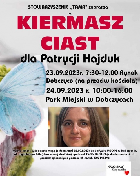 czerwony napis "kiermasz ciast", fotografia kobiety na dole plakatu 